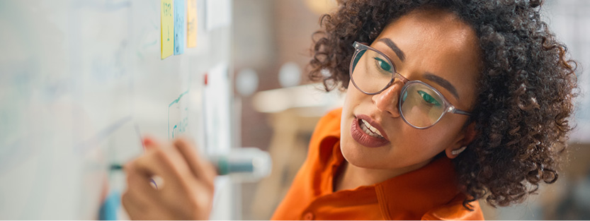 Businesswoman writing on whiteboard