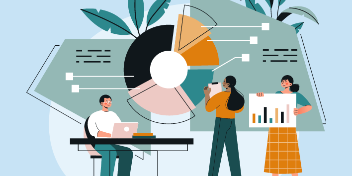 Illustration of equity comp professionals looking at a pie chart.