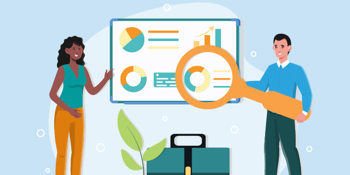 Illustration of two stock compensation professionals looking at a slide of charts.