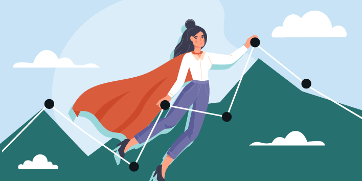 Illustration of employee wearing a cape and reaching a mountain peak and peak of performance chart.